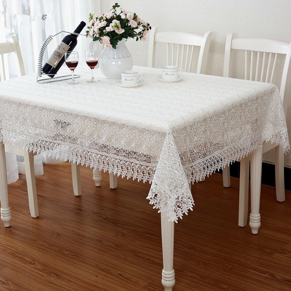 Alta calidad elegante color blanco calado bordado mantel mantel satén