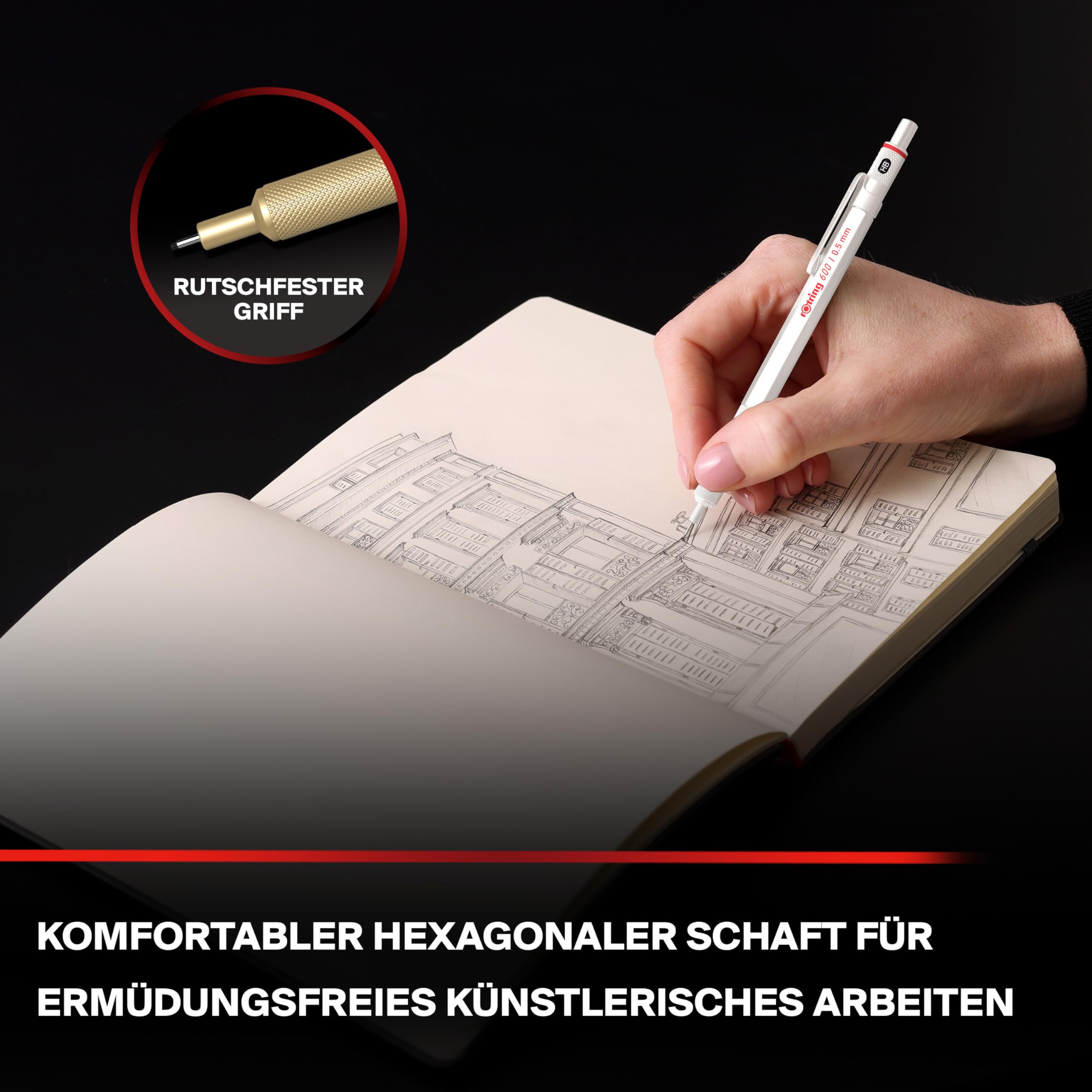 rOtring 600 Druckbleistift | HB-Mine0,5 mm | Drehminenstift mit Vollmetallschaft | Perlweiß | Rutschfestegerändelte Griffzone und Sechskantschaft 4