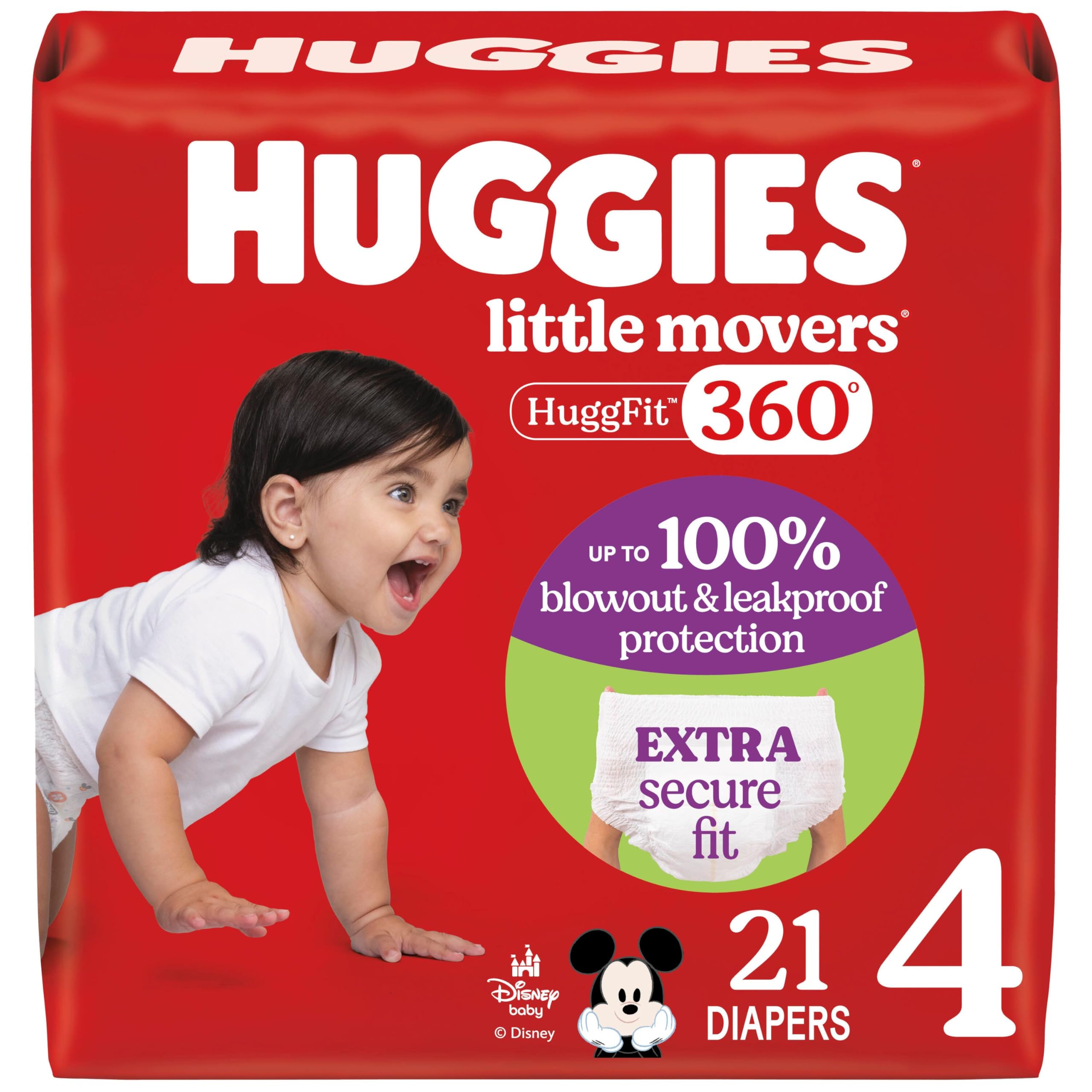 Photo 1 of Huggies Size 4 Baby Diapers, Little Movers HuggFit 360° Baby Diapers with 360° Waistband, Size 4 (22-37 lbs), 21 Count, Packaging May Vary