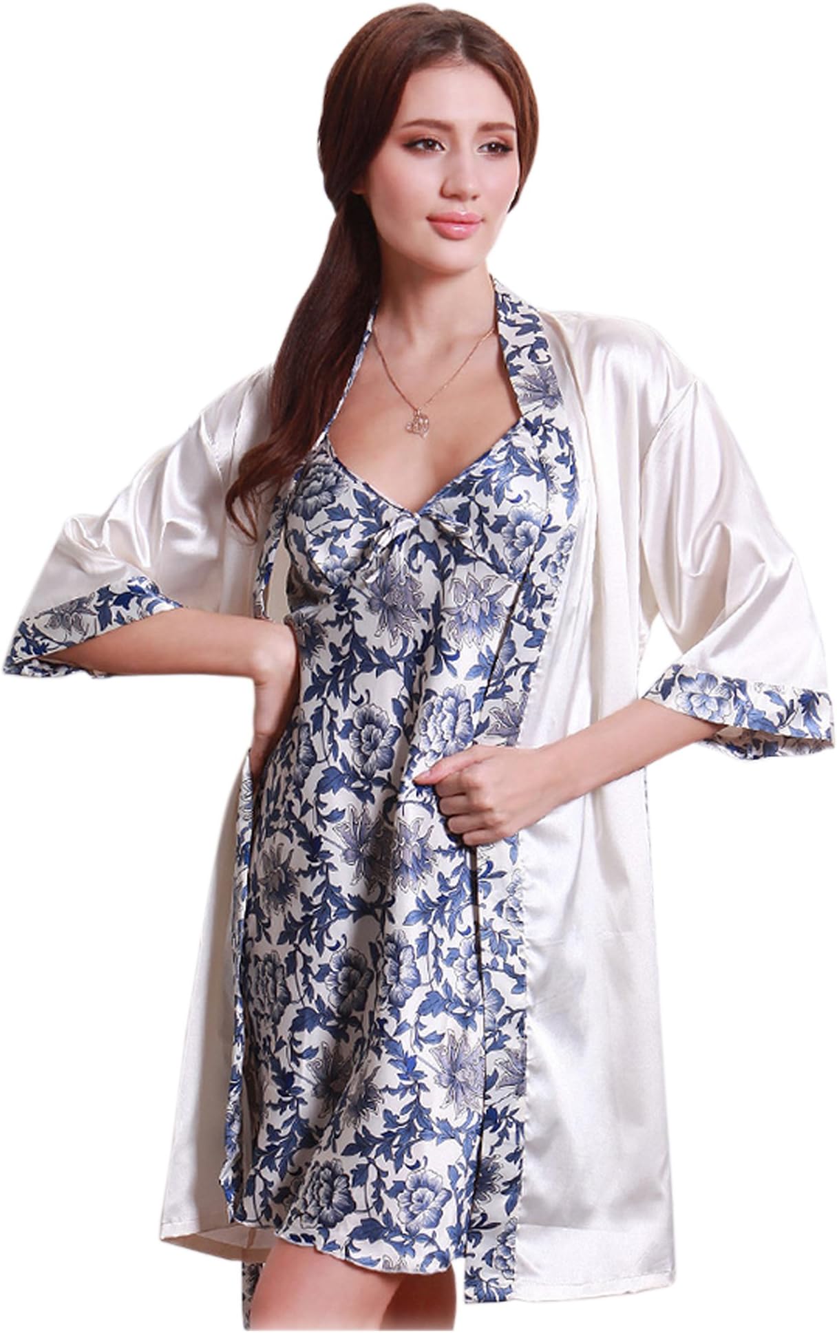 OLIVERY Womens Faux Silk Sleepwear, Floral Nightgown Bath Pajamas Set
