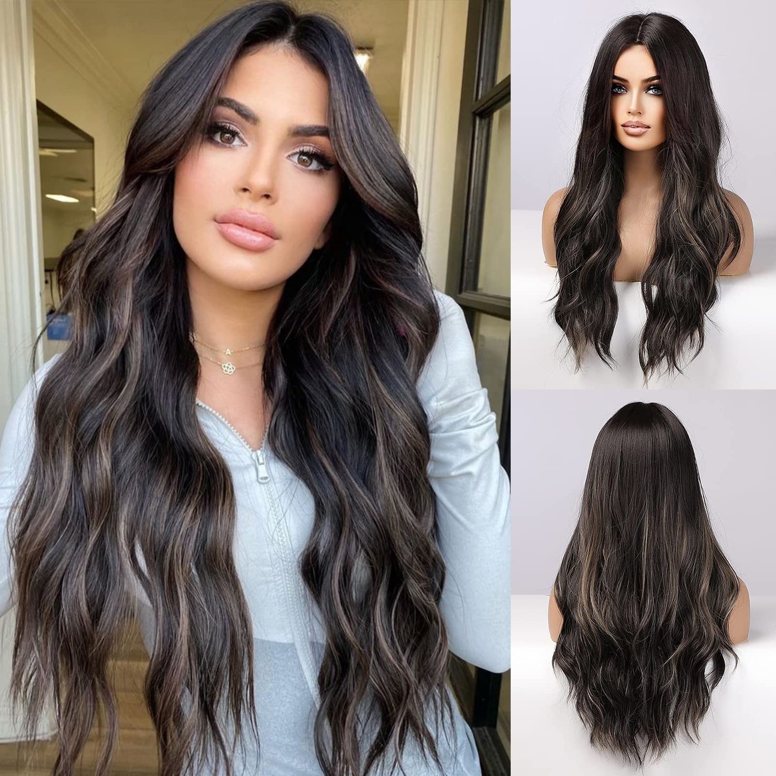 EMMOR Long Black Wig for Women 26 Inch Natural Synthetic Hair Middle Part Curly Wavy Wigs With Blonde Highlight