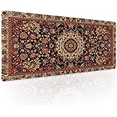 Vintage Rug Gaming Mouse Pad XL Dark Brown Retro Carpet Aesthetic Extended Large Mat Mousepad Desk Pad Non-Slip Rubber Base Stitched Edge Flower Keyboard Pad Playmat for Computer,31.5×11.8 Inch