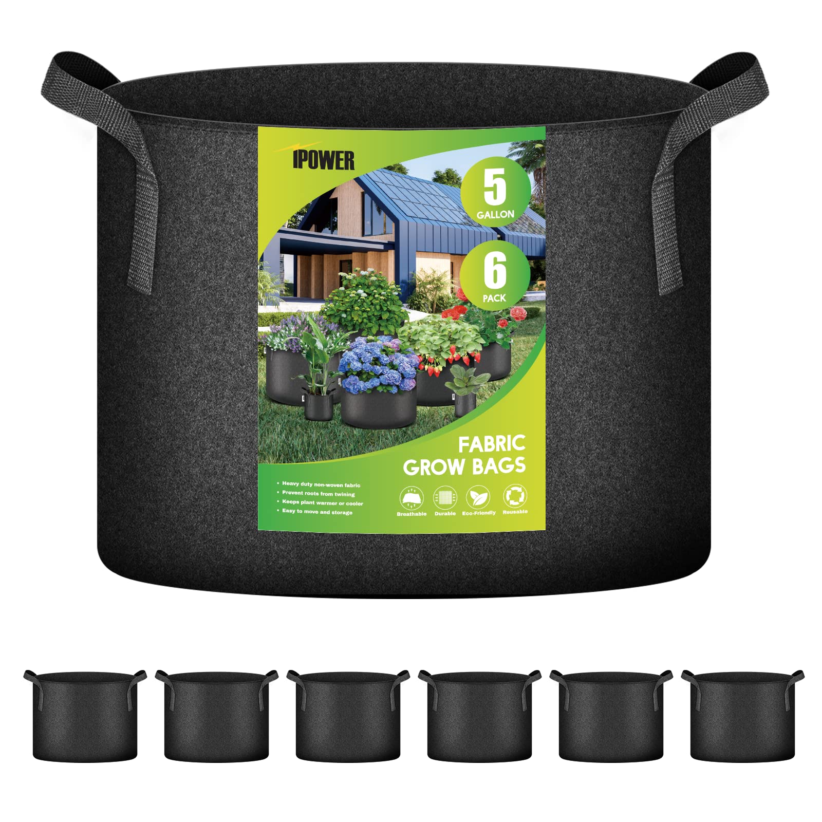 iPower Fabric Containers Aeration with Nylon Handles, for Planting Vegetables, Black, 5 Gallon