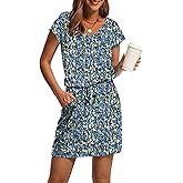 OFEEFAN Summer Dresses for Women 2026 V Neck T Shirt Casual Mini Dresses Tie Waist Sundresses with Pockets