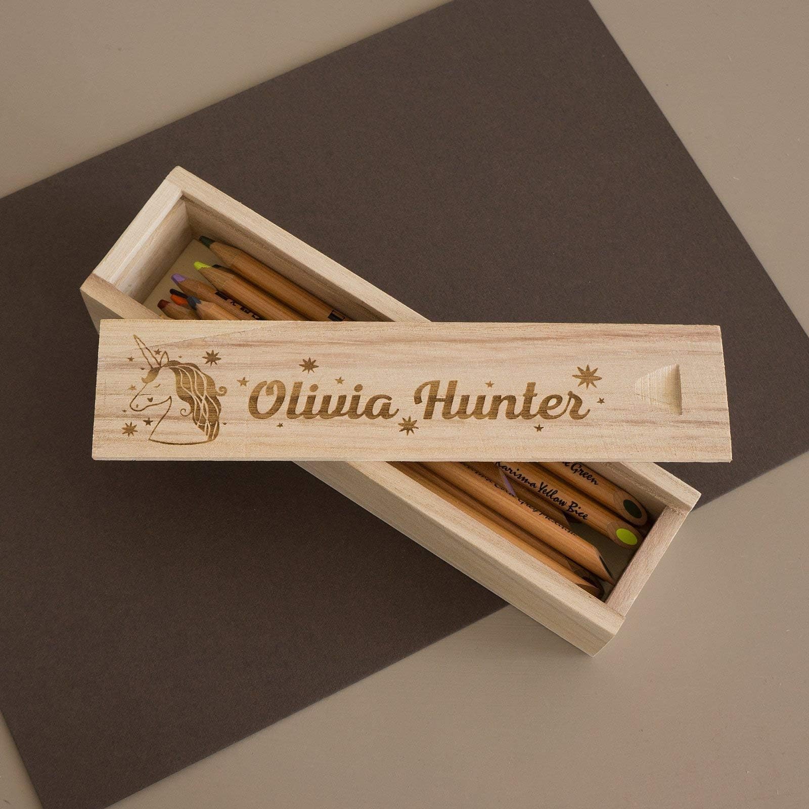 Personalised girl's wooden pencil box. Unicorn pencil case back to school gift.