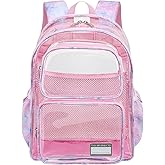 BrainyBees Clear Backpack for Girls, 15 Inch Heavy Duty Transparent Bookbag for Kindergarten to 2nd Grade, PVC See Through Daypack with Reflective Straps, Fits Standard Folders, Pink Tie-dye