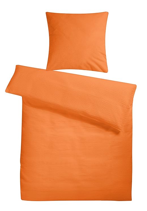 Leichte Seersucker Bettwäsche 155 x 220 cm Orange – atmungsaktiver Kopfkissen- und Bettdecken-Bezug aus reiner Baumwolle mit 