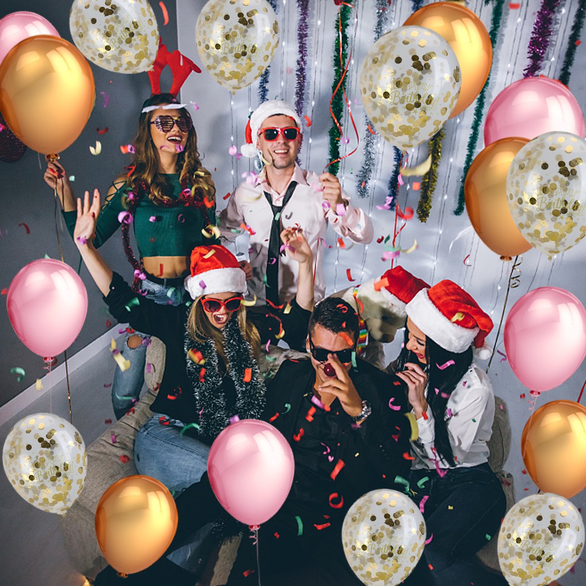 15 pcs Gold Confetti Balloons Printed Happy Birthday with 12 inches Gold and Pink Latex Party Balloons (30 Pcs) for Birthday Baby Shower Party Decorations Supplies