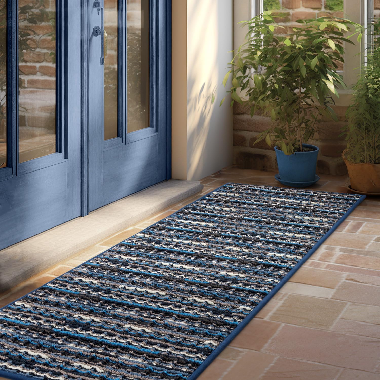 Biscpro Dirt Trapper Door Mats Indoor, Non-slip Barrier Mats for Indoor Outdoor, Super Absorbent Entrance Large Rug Machine Washable Soft Floor Carpet for Front Back door, Navy Blue, 55 x 150 cm