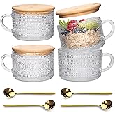 Vintage Coffee Mugs 4pcs Set, Clear Embossed Tea Cups with Bamboo Lids and Spoons, 14 Oz Glass Coffee Cups, Cute Coffee Bar Accessories, Iced Coffee Glasses, Ideal for Cappuccino, Latte (Transparent) | Clear, Embossed, Tea Cups, Bamboo Lids, Spoons