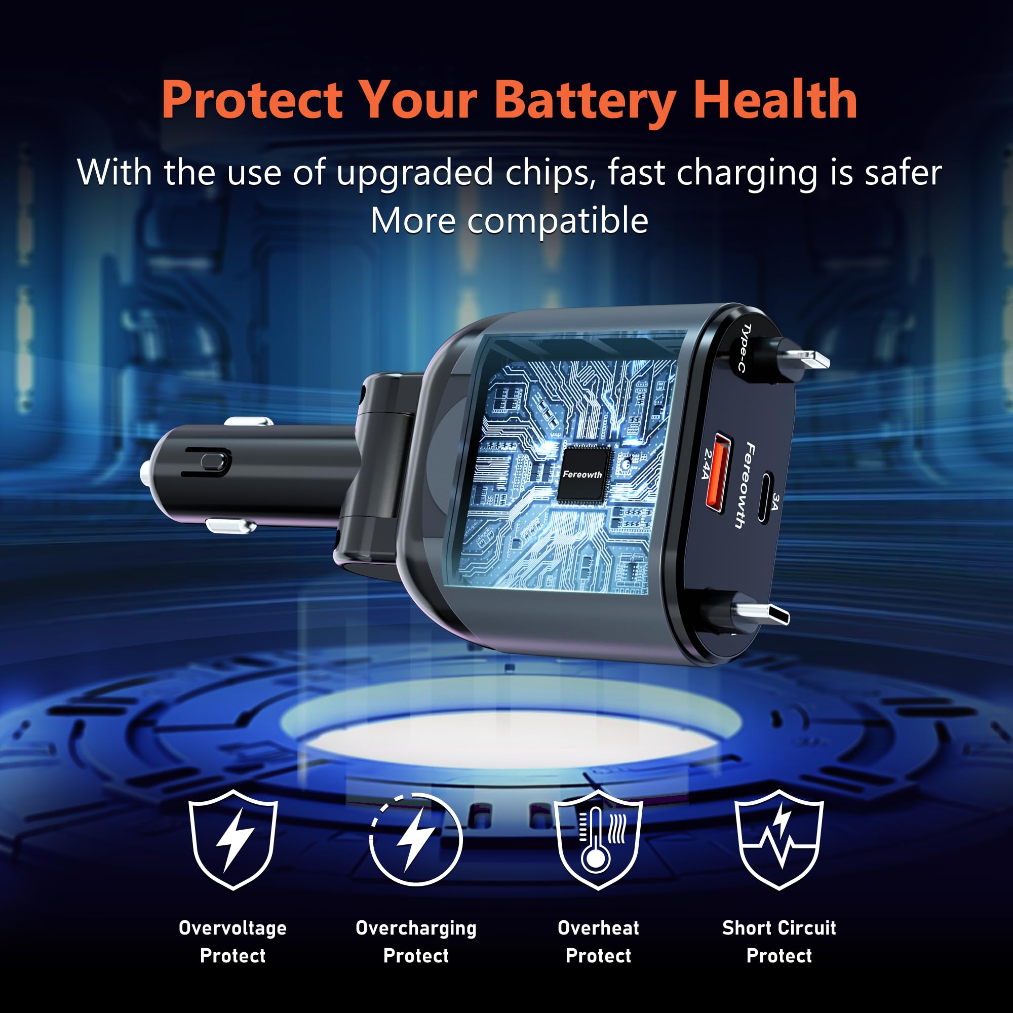 Retractable Car Charge 4 in 1 Fast Car Phone Charger Adapter PD 63W Phone Retractable Cables (31.5 inch) and 2 USB Ports Car Charger， Compatible with iPad,Samsung,Pixe iPhone 15/14/13, Black