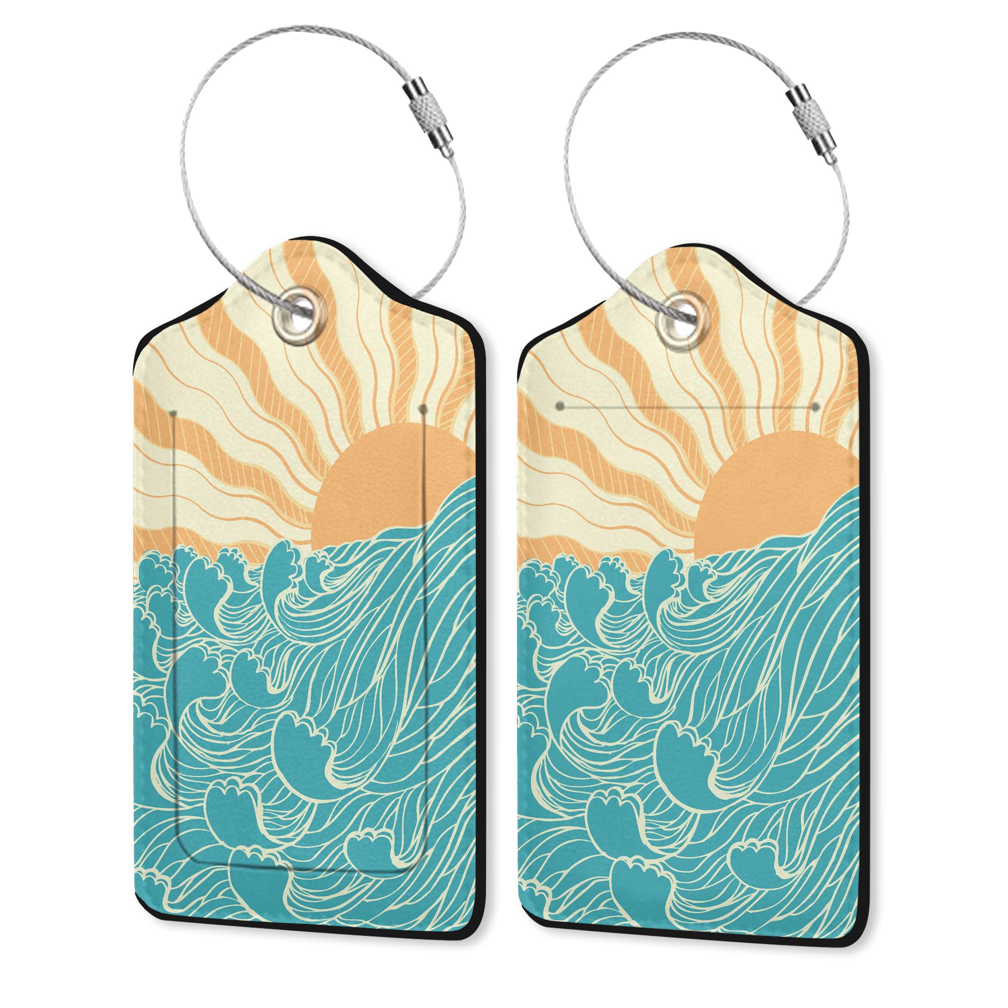 Photo 1 of 2 Pack Leather Luggage Tag for Suitcase Wave at Dawn Ocean and Sun Japanese Style Unique Travel Tags with Privacy Cover ID Label & Stainless Steel Loop for Men and Women Baggage