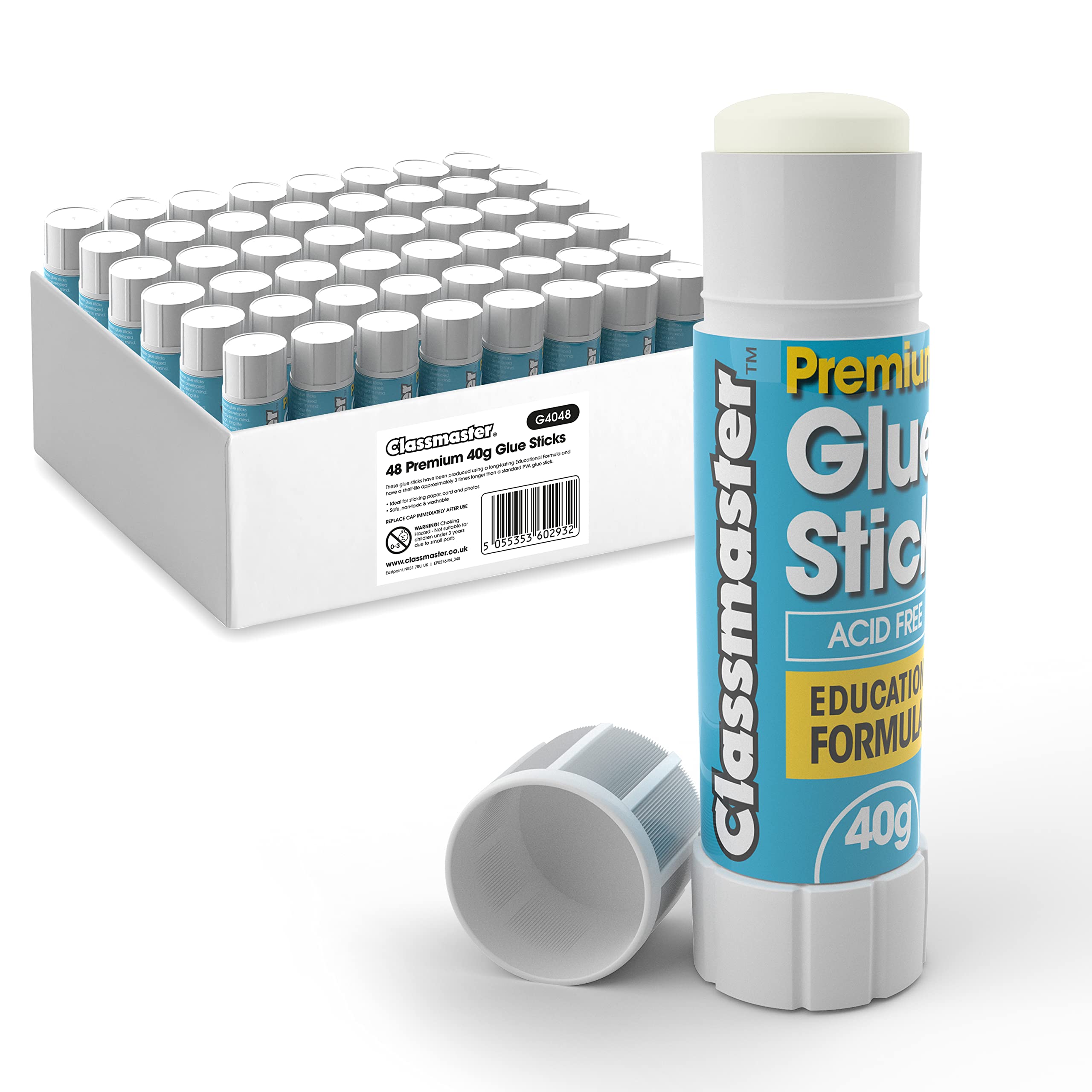 Classmaster - Glue Sticks for School & Crafts | 40g Child-safe Paper Glue with Strong Hold | Washable, Non-Toxic PVP Formula | Classroom & Scrapbooking Supplies, 48 Pack