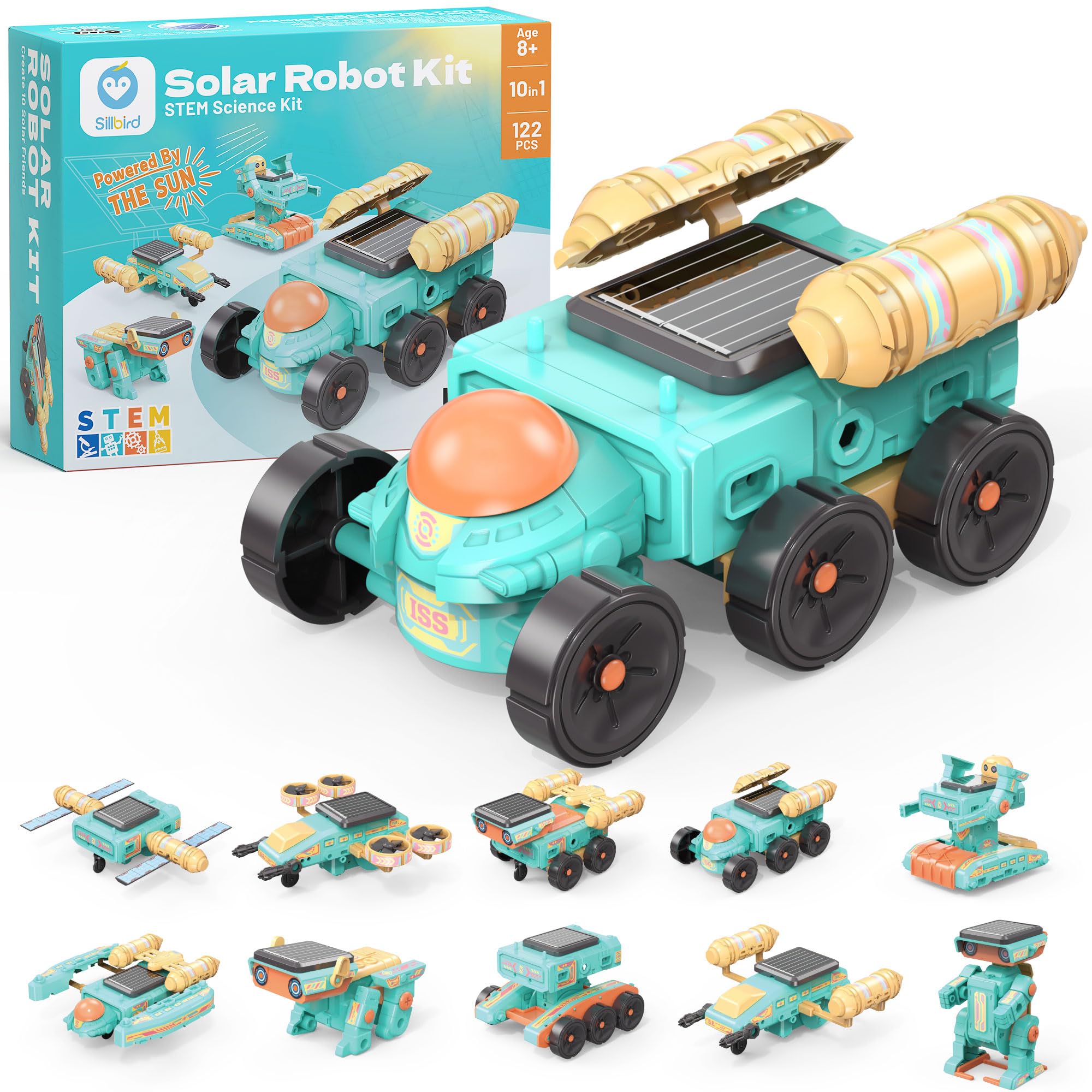 Sillbird Solar Robot Kit for Kids Ages 8-14, 10-in-1 DIY Educational Science Kit for Boys Girls Birthday, Sun Powered Space Robotics STEM Toys with 112PCS