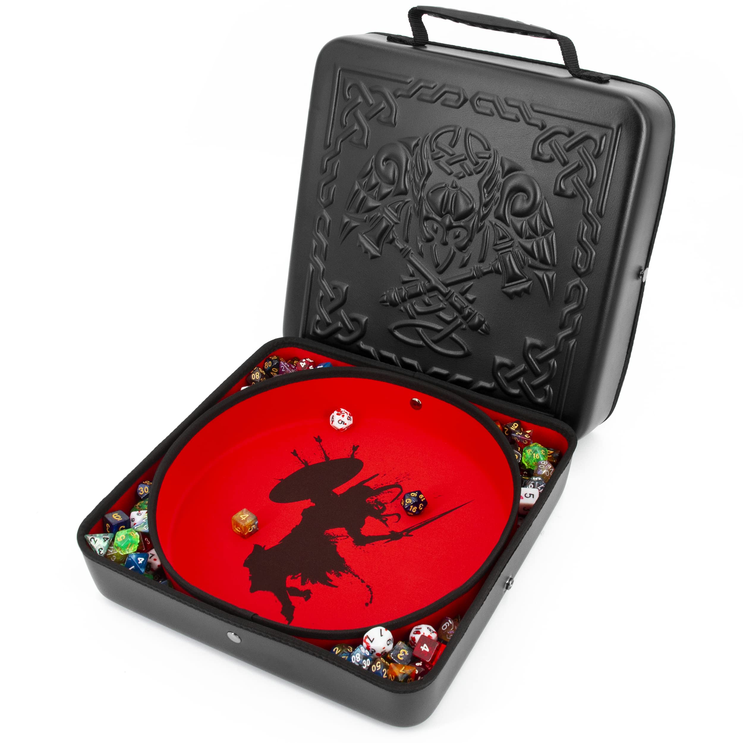 CASEMATIX XL Dice Tray and DND Dice Holder Travel Case for Up to 700 RPG Dice - Expanding Design with 3 Dice Rolling Tray Arenas, Embossed PU Leather Exterior and Printed Dice Trays