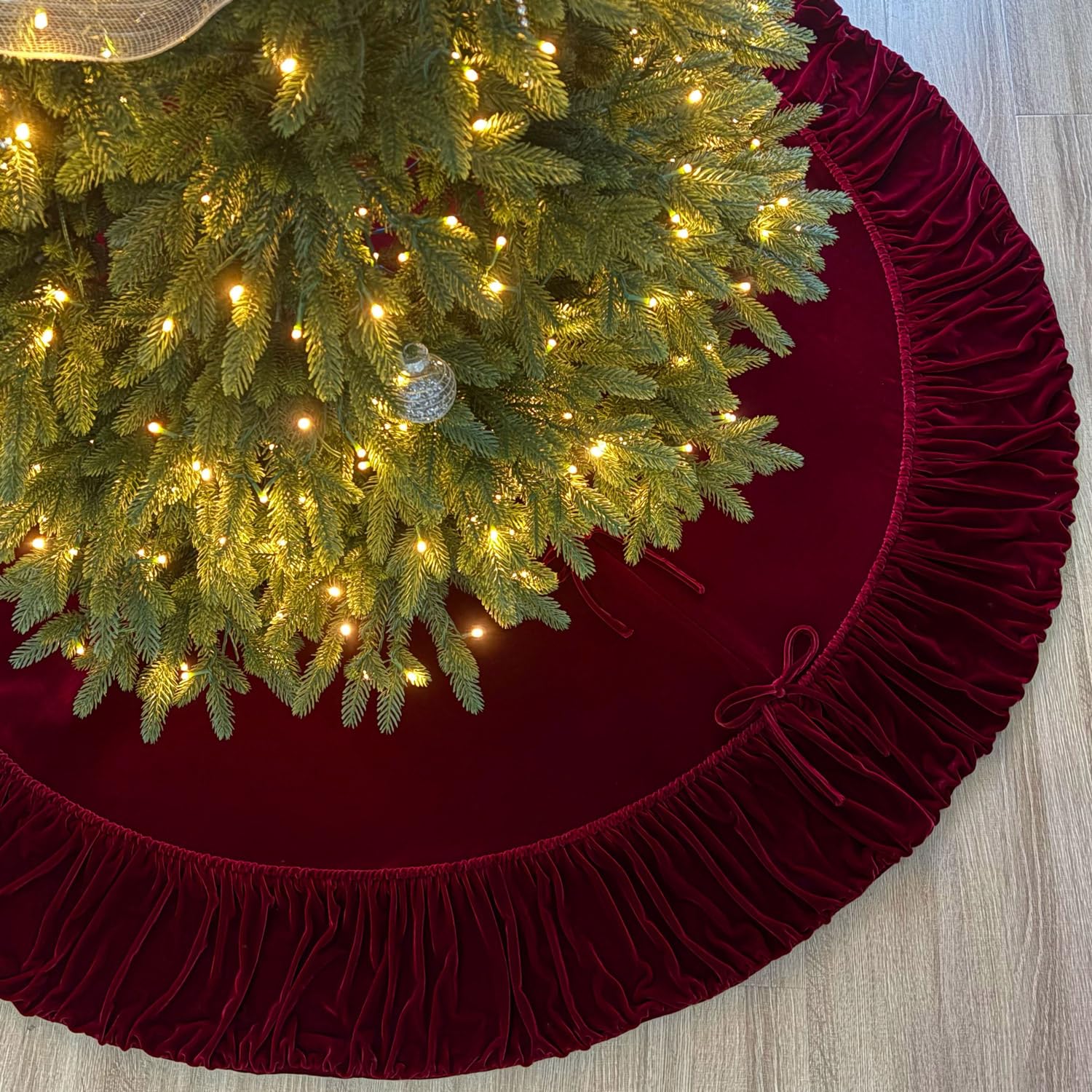 Photo 1 of Starry Dynamo 72-Inch Ruffled Velvet Christmas Tree Skirt with Foam Padding, Nylon Backing and Lace-Up Tie Closure, Burgundy