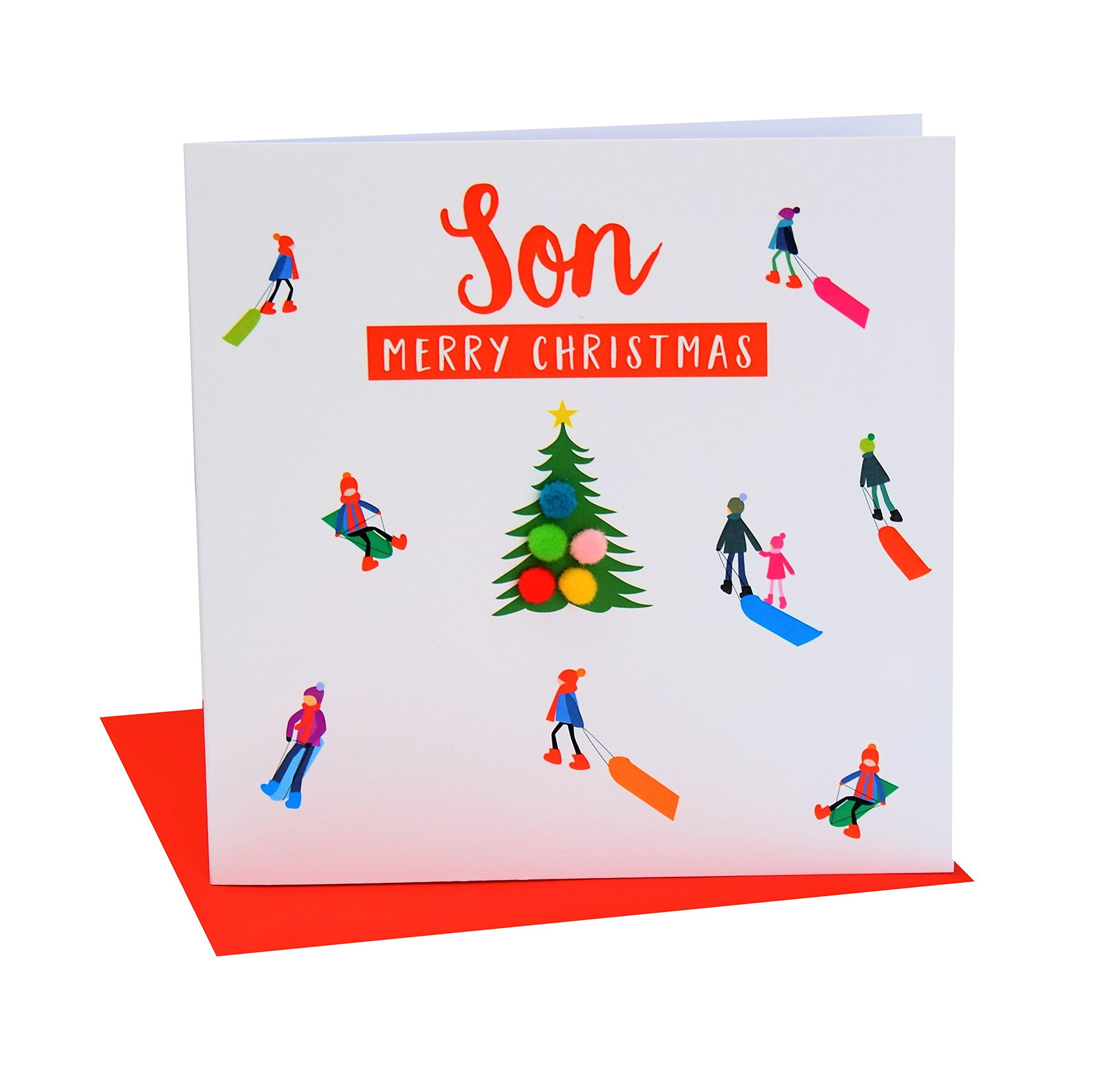 Claire Giles Greeting Cards, Happy Christmas Son Card, Sledgers around a tree, Merry Christmas Greeting Card Embellished with colourful Pompoms