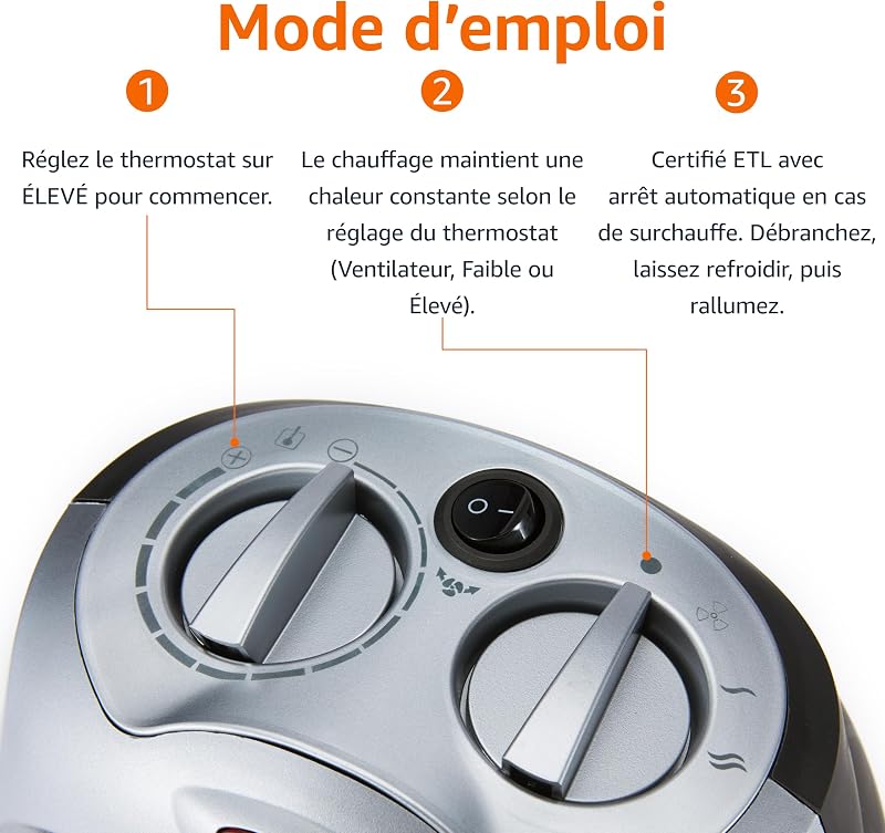 Radiateur soufflant et pivotant en céramique avec thermostat réglable 1800 W, Argenté