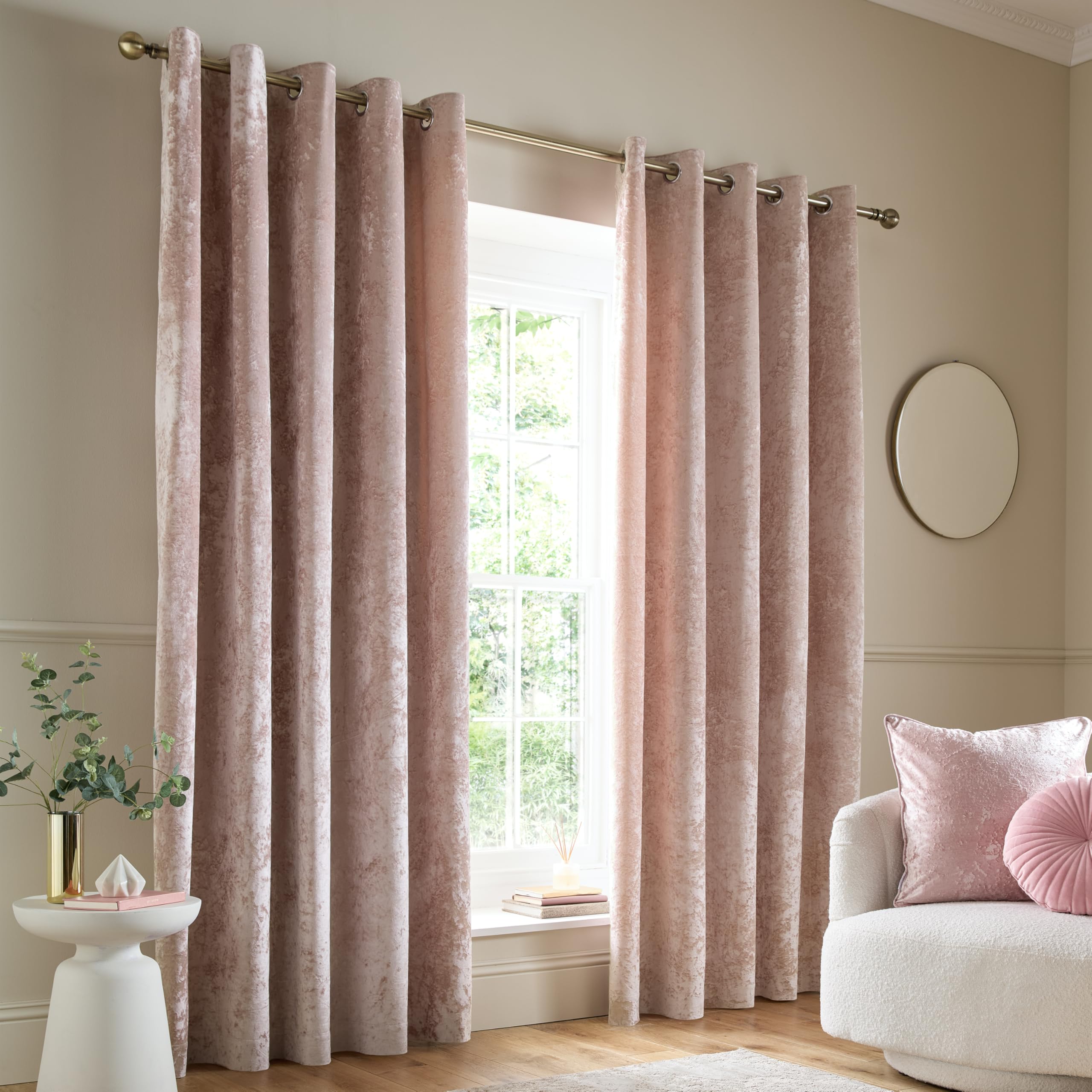 Catherine Lansfield Crushed Velvet 66x72 Inch Lined Eyelet Curtains Two Panels Blush Pink