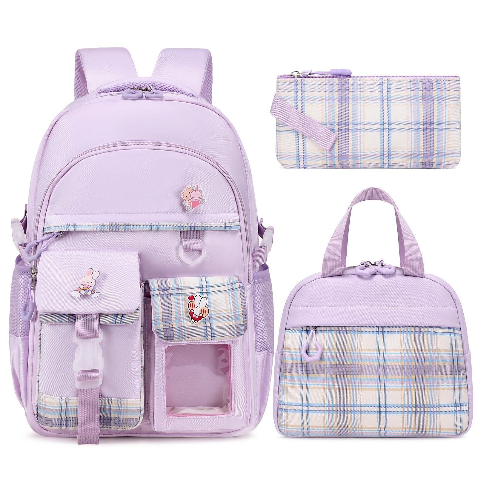 Photo 1 of GeeWin School Backpack Set for Teen Girls, Girls Backpack with Insulated Lunch Bag & Pencil Pouch For Kids Elementary Primary Middle School, Cute Waterproof Student Bookbag Daypack (Light Purple)