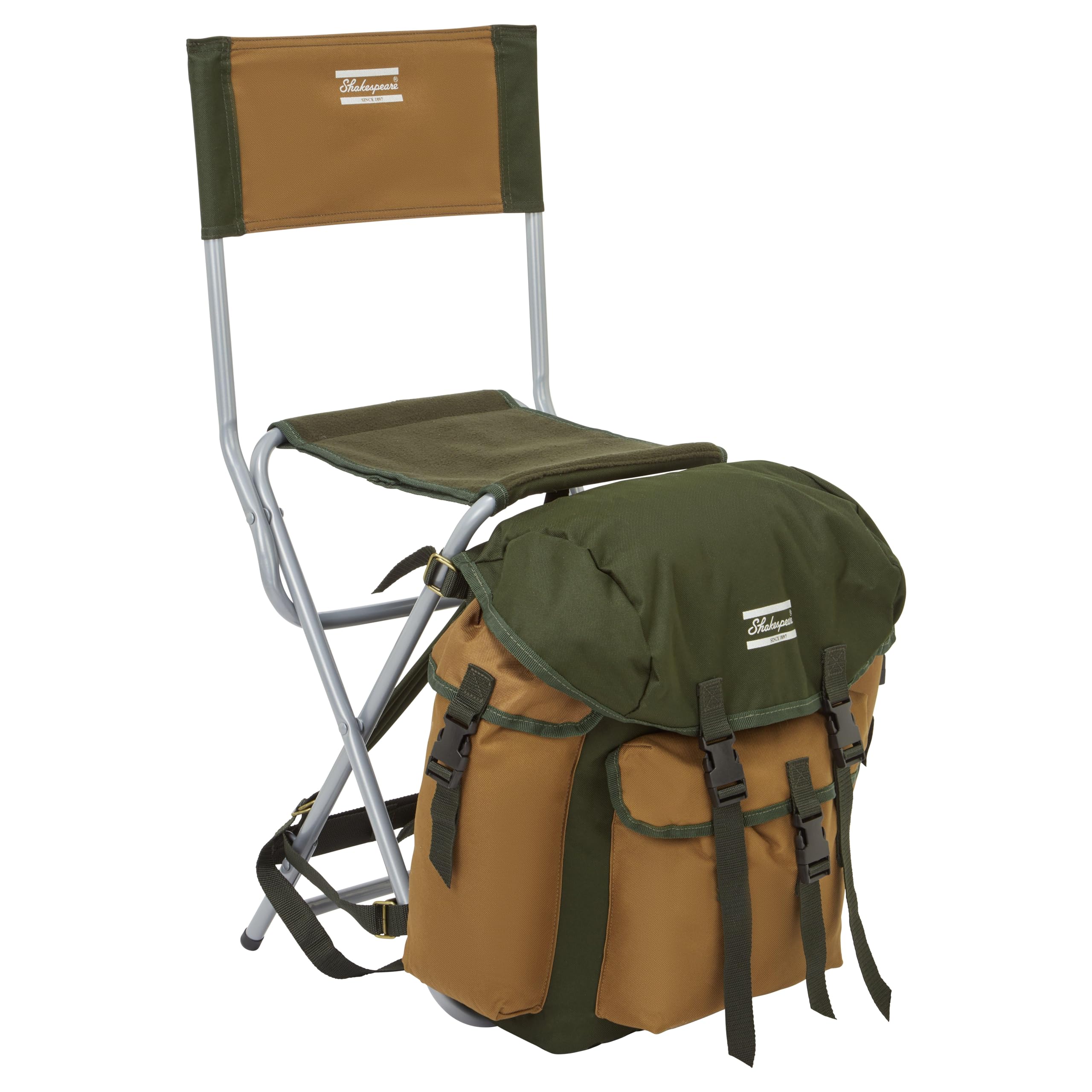 SHAKESPEARE Folding Chair With Rucksack for Fishing, Outdoor, Camping Chair, for People Up to 85 Kg, Chair, Chairs, Coarse Fishing, Carp, Unisex, Brown/Green