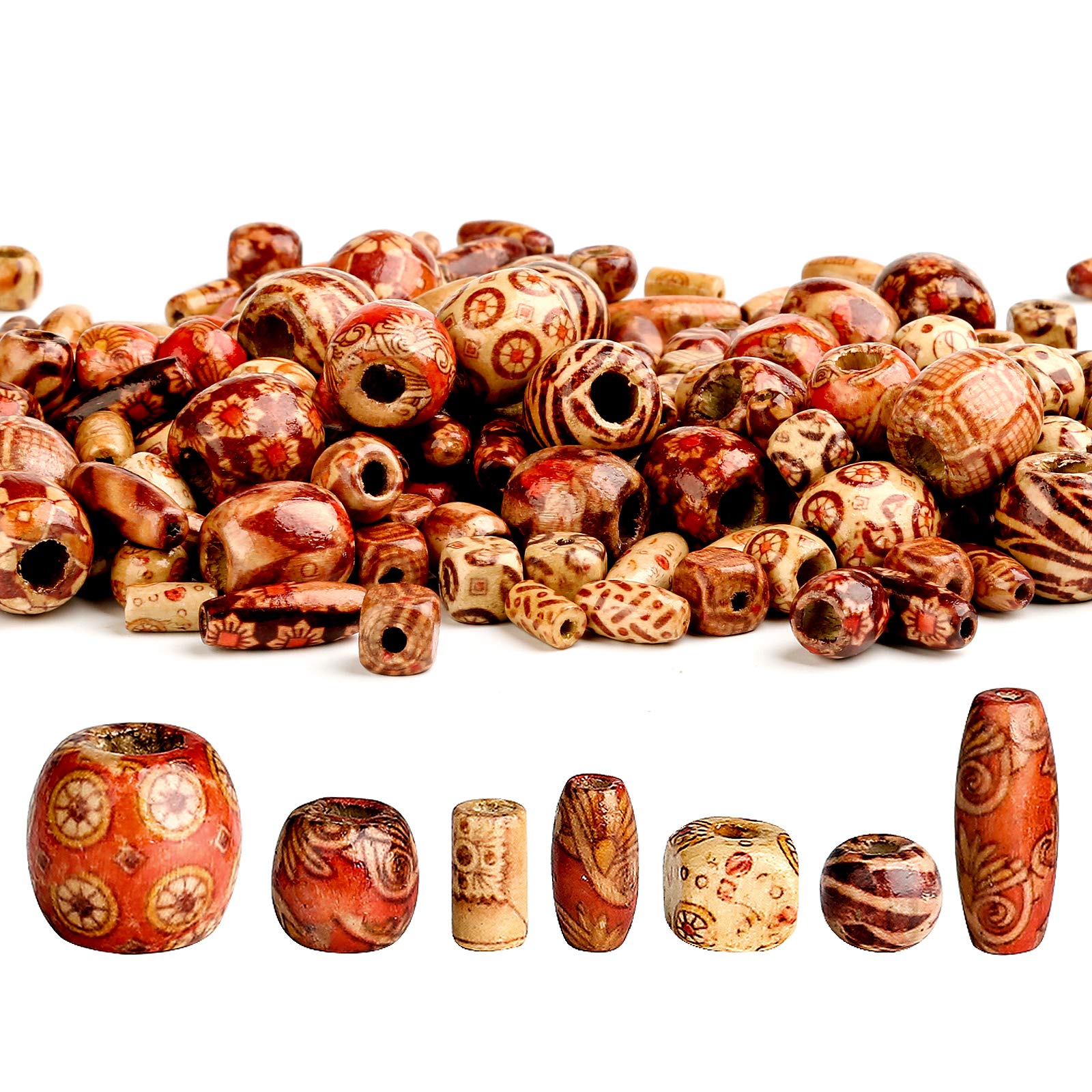 300 Pieces Printed Wooden Macrame Large Hole Beads Various Shapes Loose Wooden Beads for Crafting Jewellery Making DIY Bracelet