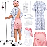 8 Pcs Funny Costume for Adults, Halloween Hospital Patient Costume Set | Unisex funny hospital patient costume with gown, fake butt shorts, blood bag, socks, bandages and patient wristband.