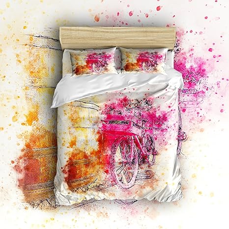 Amazon アートカラーイラストピンクbike With花寝具布団セット防しわ性 耐久軽量コットン布団カバーセット 寝具カバーセット オンライン通販