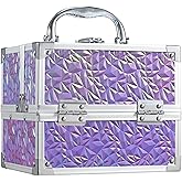 Costravio Makeup Box Organizer with Mirror, Makeup Case Train Case for Girls Women Kids Make up Box Makeup Case Organizer with Lock and Key Storage Vanity for Polishes Cosmetic Jewelry, Shiny Purple