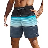 Gleeease 7inch Mens Swim Trunks: with Mesh Liner Zipper Pocket Drawstring Quick Dry Stretch Comfort Lined Striped Beach Pool