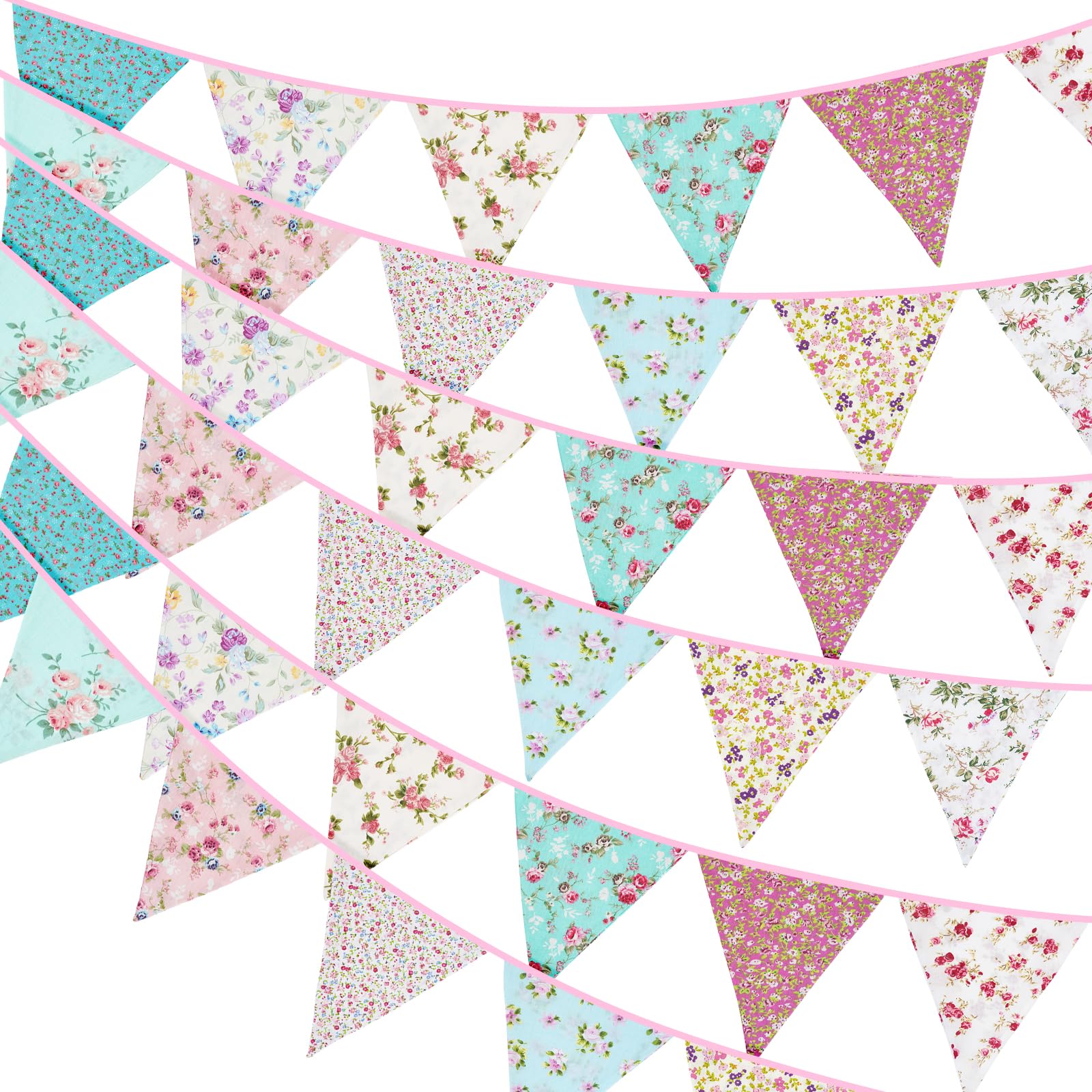 G2PLUS 36PCS Double Sided Fabric Bunting, 10M Blue and Purple Floral Cotton Banner, 17x19CM Large Triangle Garland Reusable for Indoor and Outdoor Party Decoration — image 1