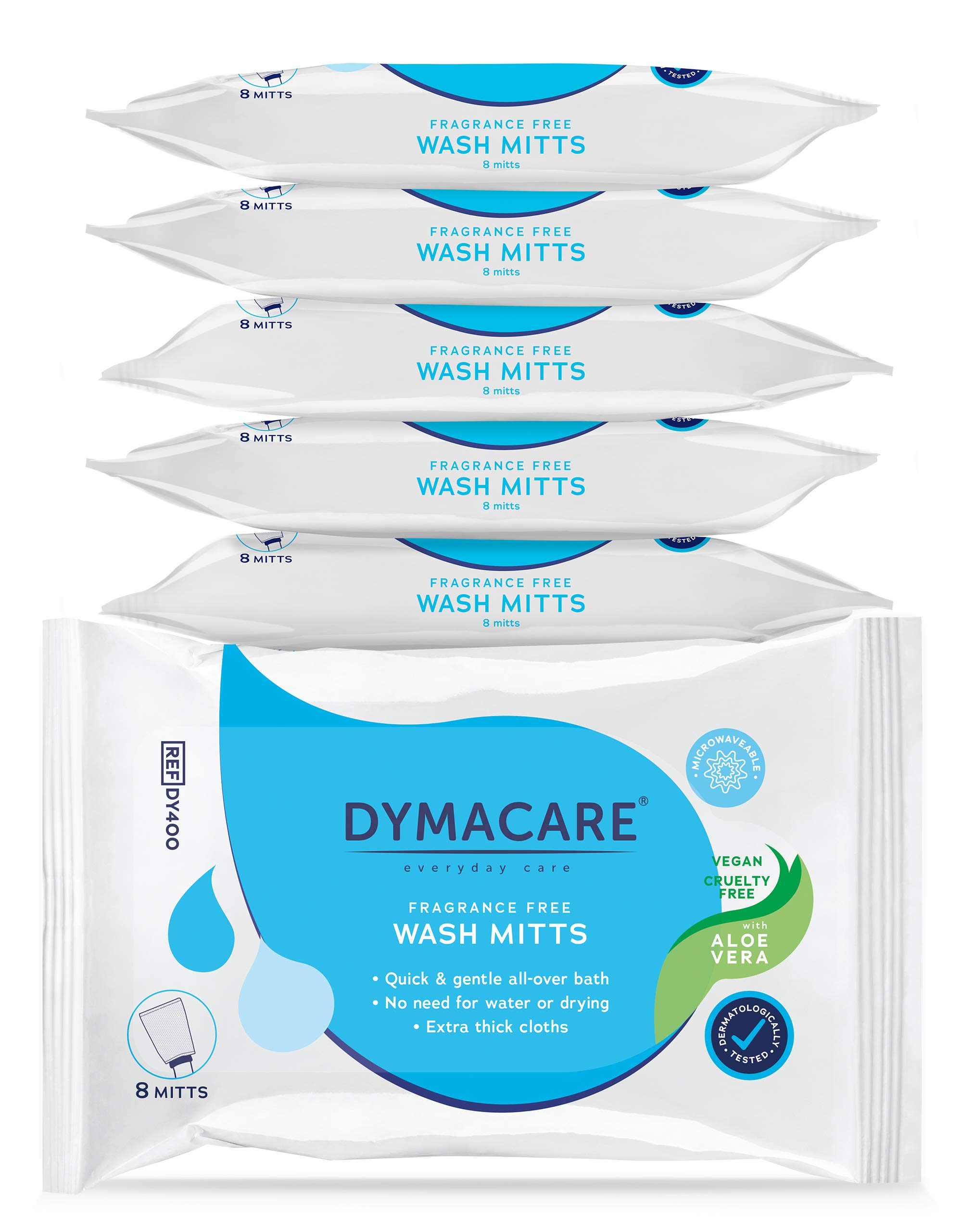 DYMACARE Fragrance-Free Wash Mitts | Rinse Free Microwaveable Adult Bed Bath Wet Wash Gloves | with Aloe Vera | Latex, Lanolin and Alcohol Free | 6 Packs (48 Mitts in Total)