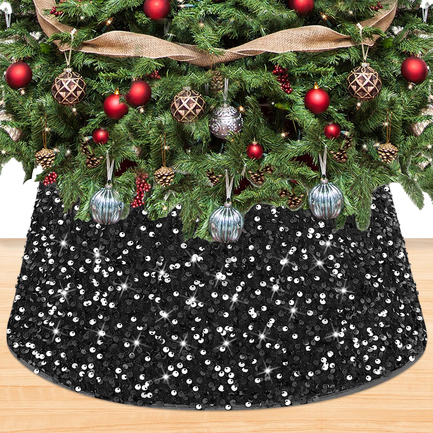 Photo 1 of OMKSIH Black Tree Collar 28.8 Inch Large Christmas Tree Collar Box for 8FT Artificial Tree Paillette Glitter Tree Skirts Velvet Christmas Tree Rings Xmas Tree Base Basket for Xmas Decoration