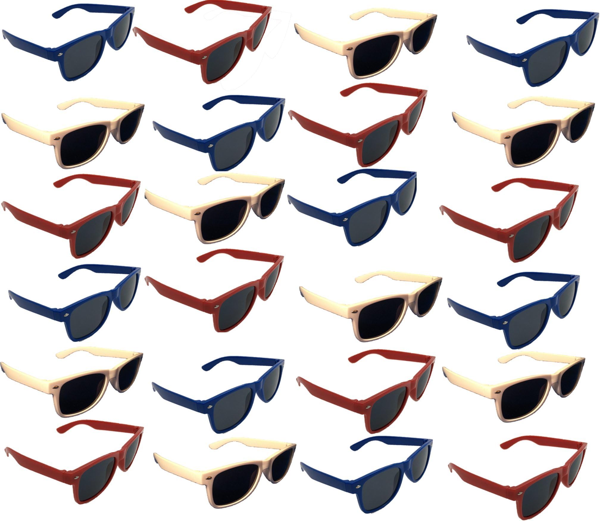 [24 Pack] Party Sunglasses in Bulk - Dark Lens Patriotic Red, White, and Blue- for Adults, Kids, and Teens