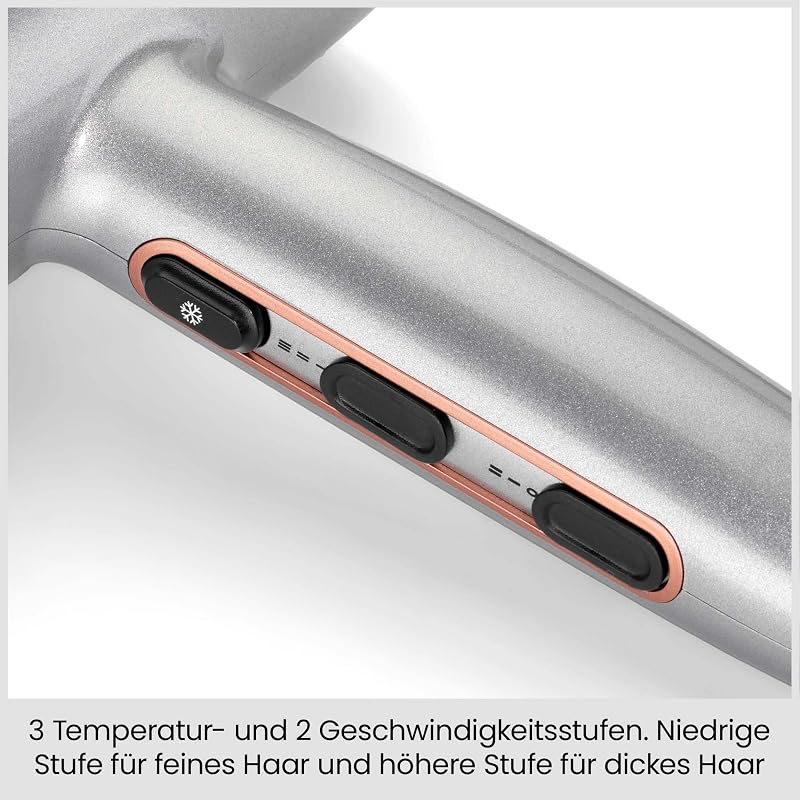 Cosmos Leichter Haartrockner mit Diffusor – 2100W Leistungsstarker, Eleganter Föhn, Ionen-Technologie gegen Frizz, 3 Heiz- & 2 Gebläsestufen, Silber, D580DE