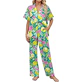 SHESHOW Satin Pajamas for Women Set Button Down Sleepwear Print Pjs Set 2 Piece Short Sleeve Long Loungewear Size XS-XXL