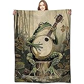 VODRM Banjo-Playing Frog Blanket Whimsical Woodland Throw Blankets with Musical Animal & Moonlit Swamp,Birthday Gifts for Kids Adult,Lightweight Soft Fleece,for Sofa Couch Bed Room Decor 50x60in