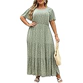 Nemidor Plus Size Maxi Dresses for Curvy Women Summer Casual Boho Ditsy Floral Print Layered Flared Long Dress with Pocket