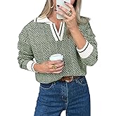 Saodimallsu Womens Fall Sweaters Tops Lapel V Neck Knit Sweater Color Block Long Sleeve Casual Soft Pullover Shirt