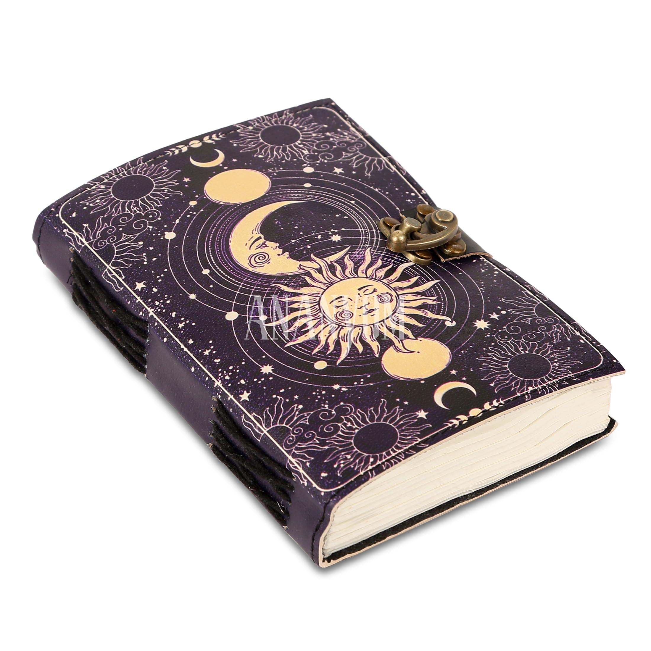 ANANYOM Handmade Leather Journal, Purple, Sun & Moon Vintage Leather Notebook Diary Sketchbook, Brass Clasp Lock Journal for Men & Women, Journal Handmade Unruled 200 Pages, Size 7 (L) x 5 (W) inches