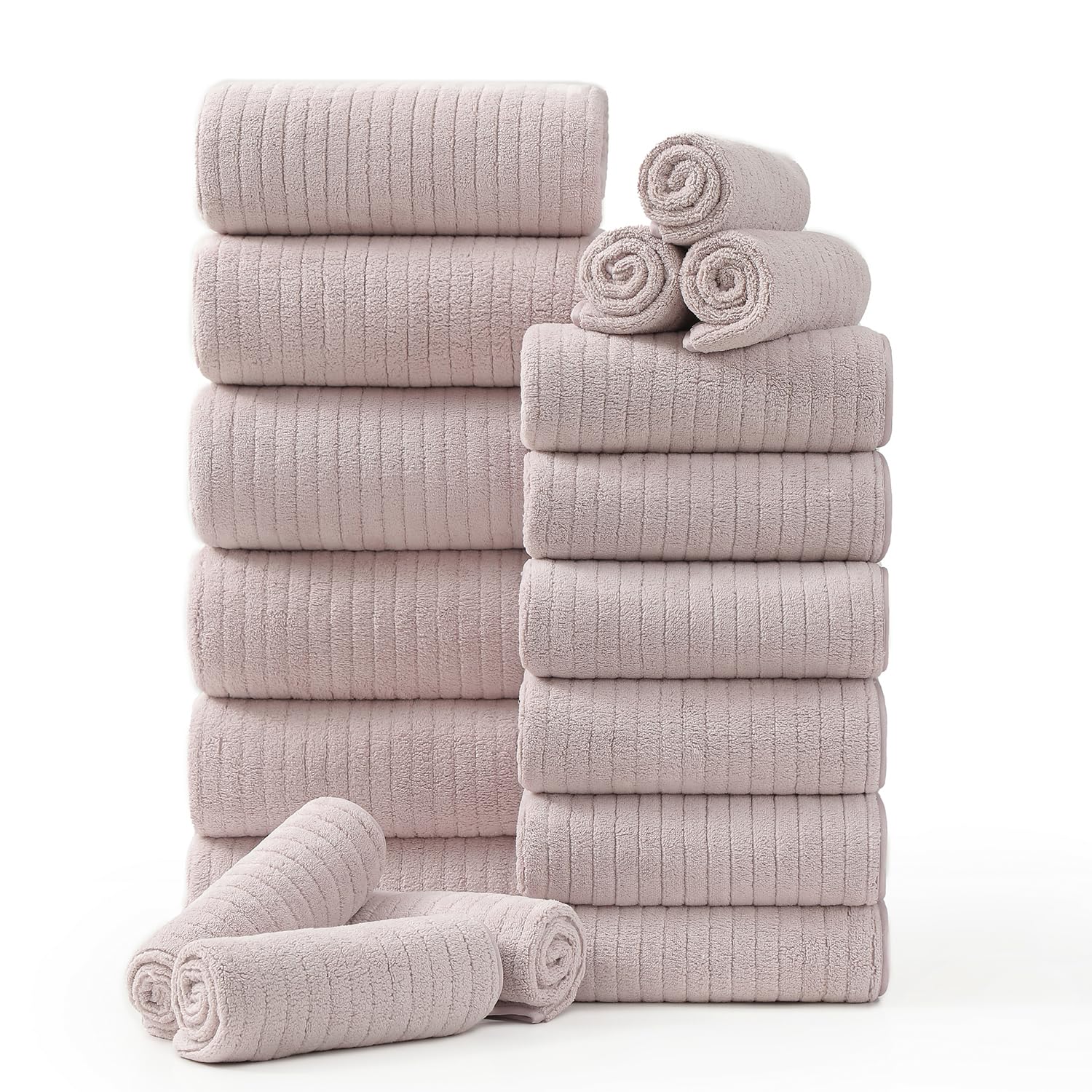 Photo 1 of 18 Piece Family Bath Towel Set Include 6 Bath Towels,6 Hand Towels and 6 Washcloths Soft Bathroom Towel with Hanging Loops,Highly Absorbent Quick Dry Towels Set for Bathroom,Hotel and Spa-Light Purple
