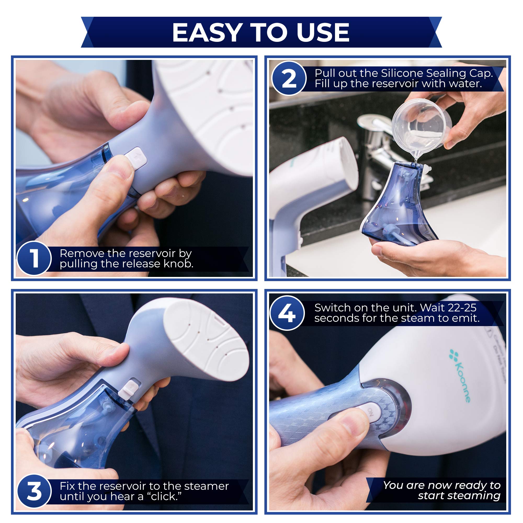 KOONNE Mini Garment Steamer | For hard water |Quick Heating for Wrinkle Free Clothes, Curtains & Furniture | Lightweight & Portable Handheld Iron for Travelling