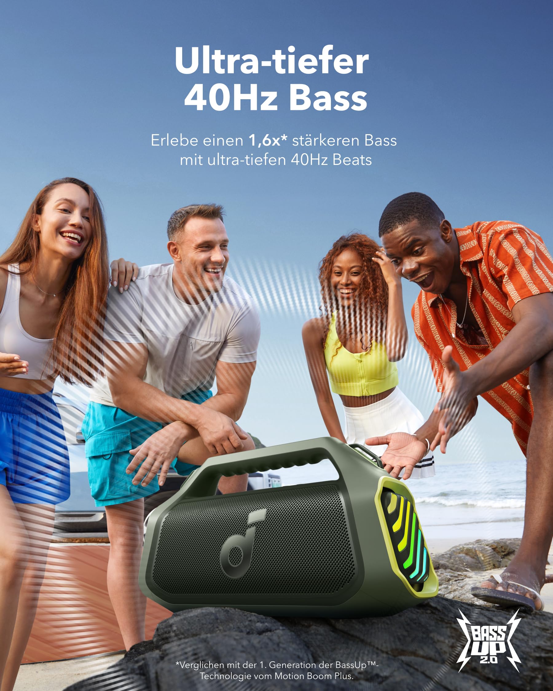 soundcore Anker Motion Boom Plus 2 IP67 Lautsprecher für Draußen, 80W Stereo Sound, Individueller EQ & BassUp, USB-C, Bluetooth, Integrierte Powerbank, Wasserdicht, für Camping, Pool, Strand, Garten 2