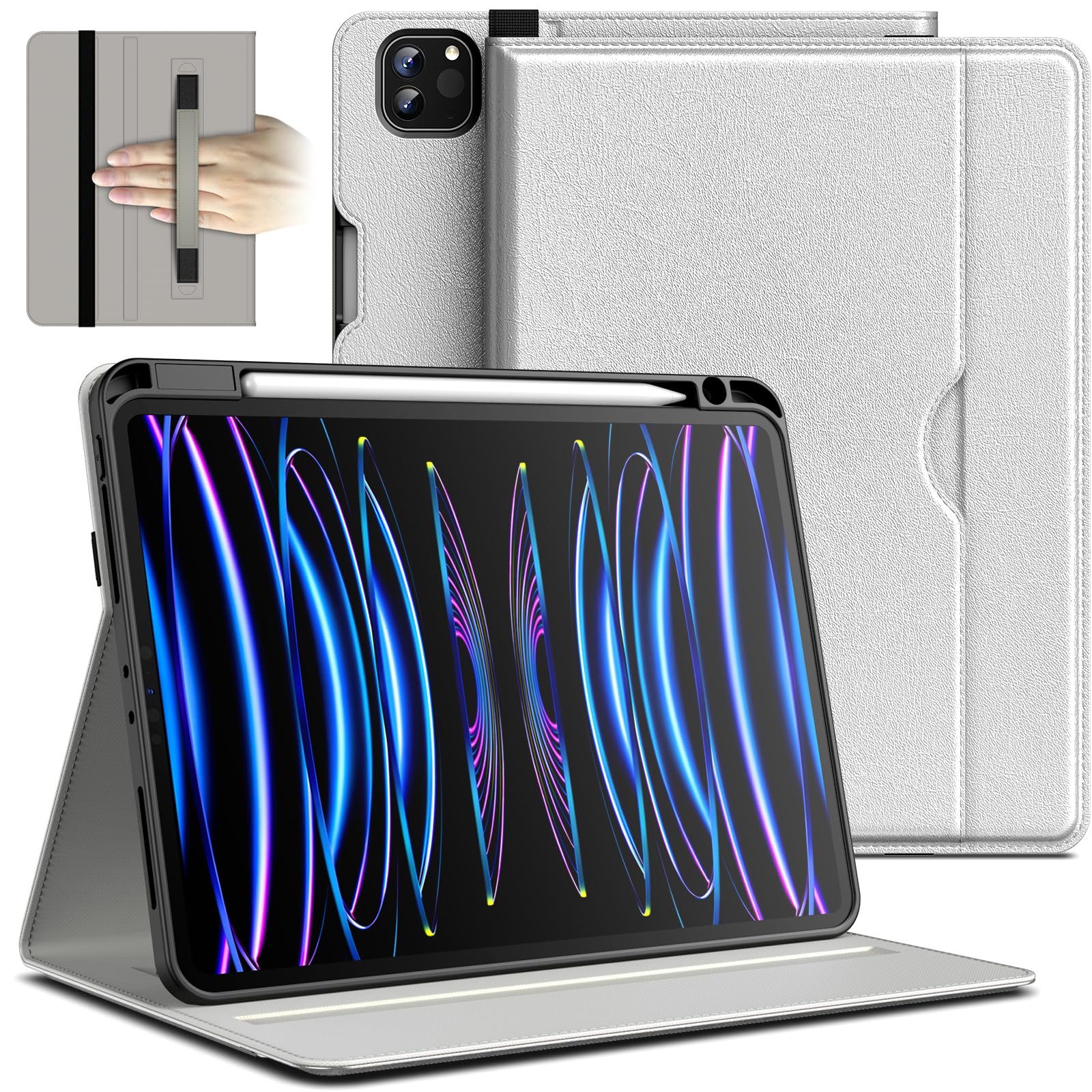 JETech Case for iPad Pro 11 4/3/2 (11-Inch, 2022/2021/2020 Model, 4th/3rd/2nd Gen), PU Leather Business Folio Protective Tablet Cover with Pencil Holder & Pocket Multi-Angle Viewing (Silver)