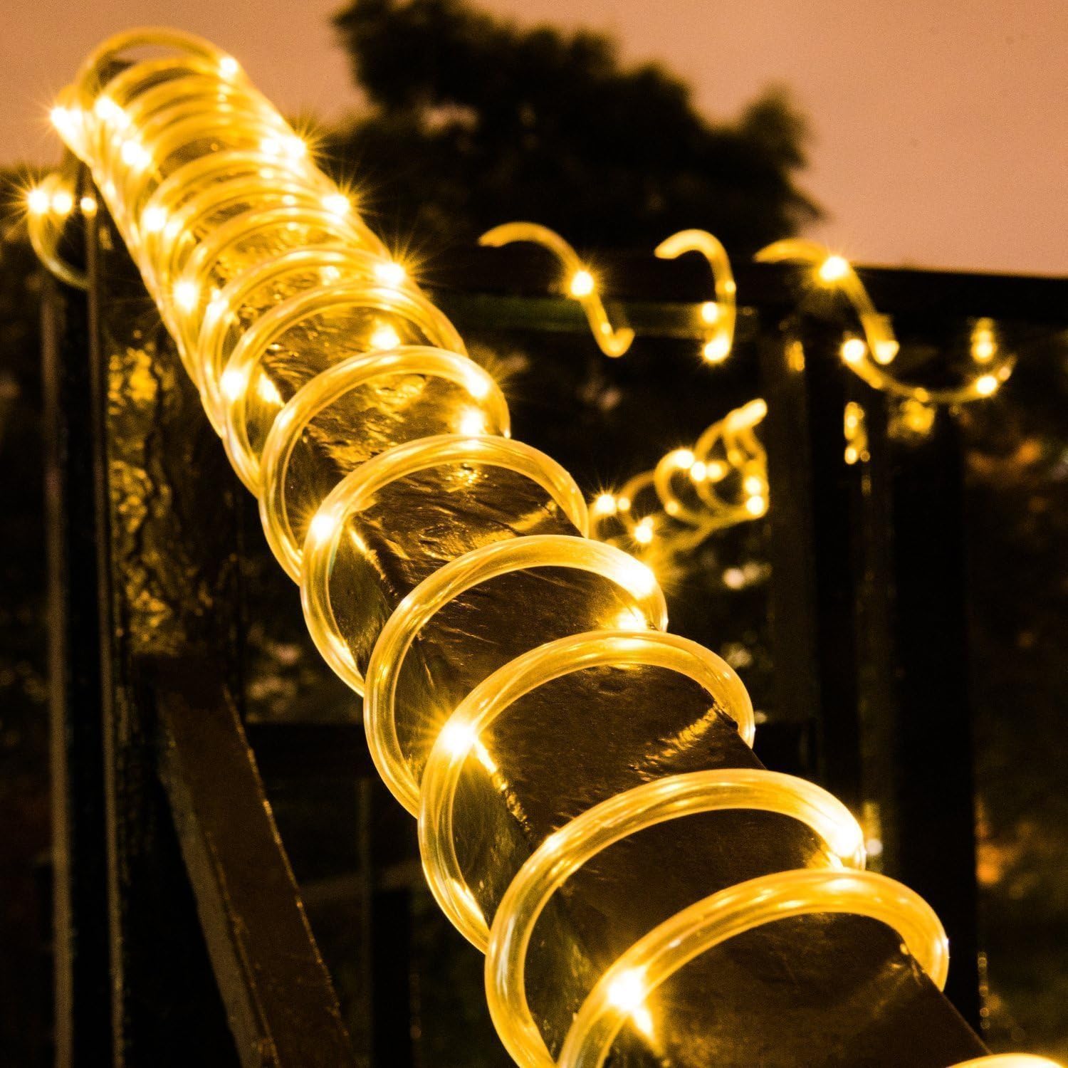 Solar Rope Lights,DINOWIN 100 LEDs 39ft/12M Waterproof Copper Wire Lights Tube, Outdoor Rope Lights for Garden Yard Path Fence Tree Wedding Party Decorative (Warm White) - Image 4