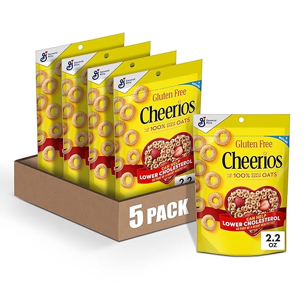 CHEERIOS WHOLE GRAIN OATS GLUTEN-FREE BREAKFAST CEREAL, 2.2 OZ POUCH (PACK OF 5)