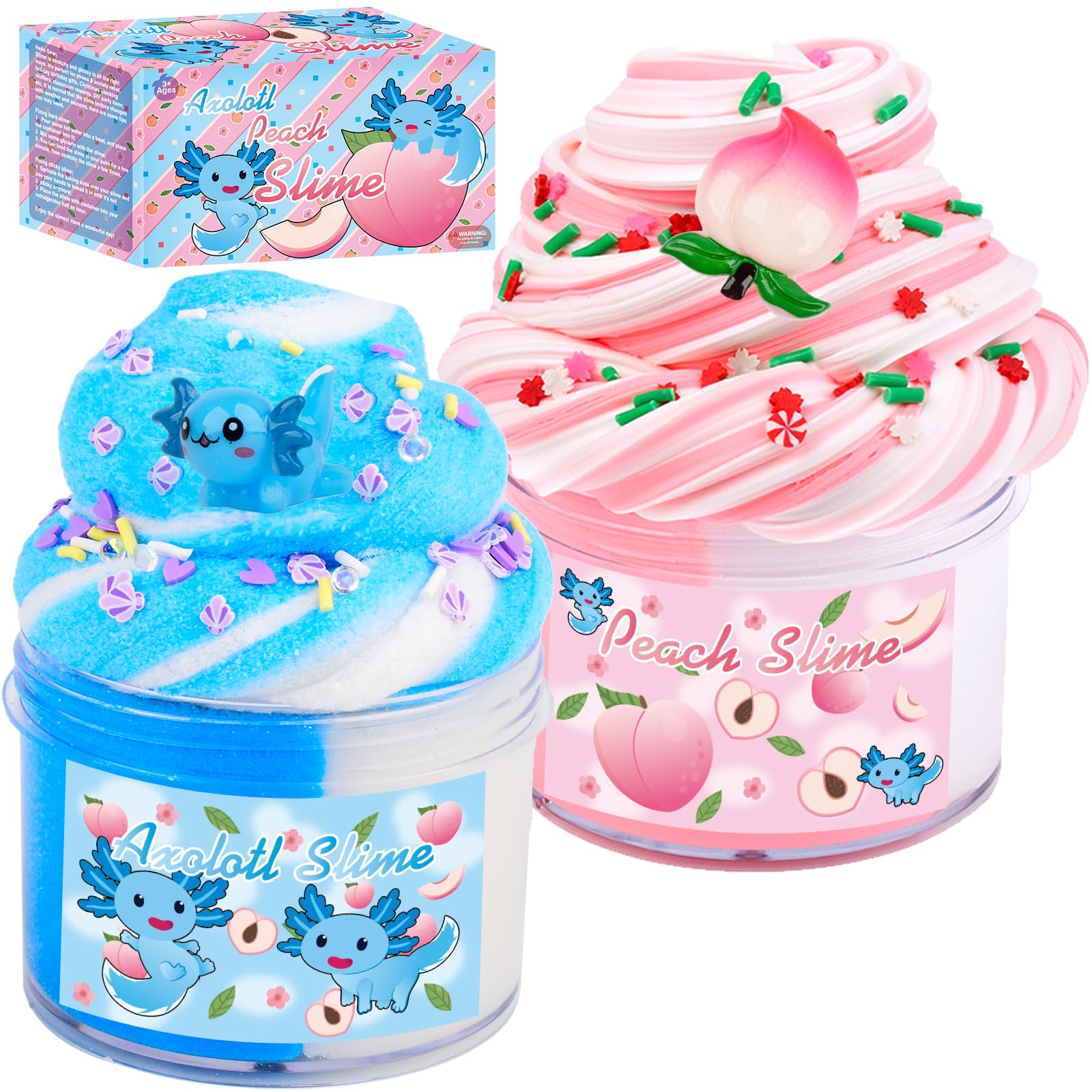 Photo 1 of Axolotl Cloud Slime and Pink Peach Butter Slime Kit,Dual Colored New Charms,Super Soft and Non-Sticky, Stress Relief Toy Party Favors Birthday Gifts for Girls.