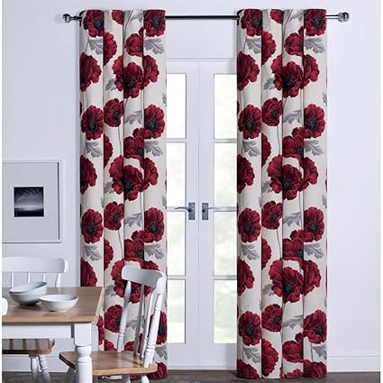 Sandown And Bourne Poppy Floral Print Lined Eyelet Curtains Red
