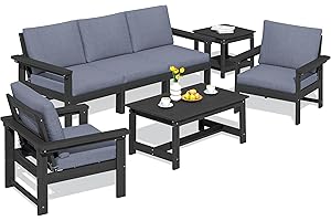 SERWALL HDPE Patio Furniture Set, 7-Piece Outdoor Sectional Sofa Set, All Weather Outdoor Couch Set for Deck, Lawn, Black Frame with Grey Cushion
