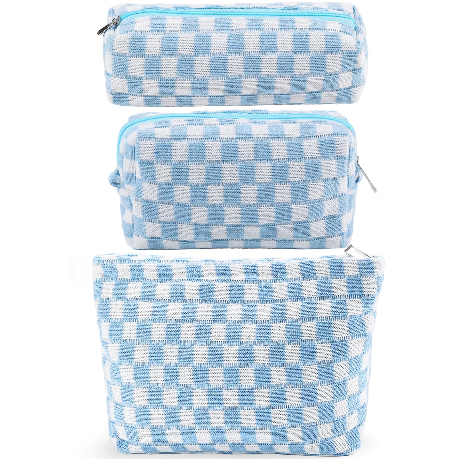 Photo 1 of ZLFSRQ 3Pcs Checkered Makeup Bag for Women Large Small Checkered Cosmetic Bag Set Aesthetic Preppy Pencil Case Cute Pencil Pouch Blue Makeup Pouch for Purse Travel Toiletry Bags Zipper Skincare Bags